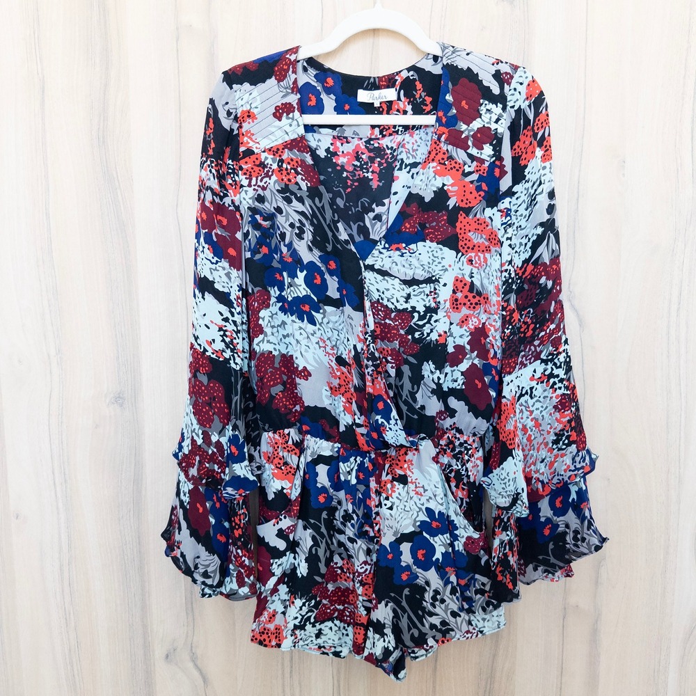 Parker Womens Sillk Floral Wrap Romper Size S Ruffle Sleeve Boho Romantic Artsy